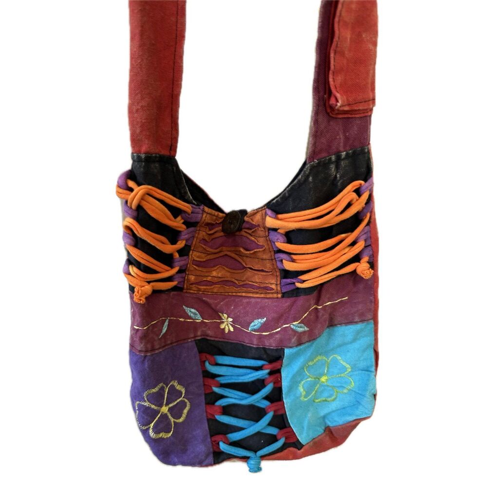 100% Cotton Mineral Wash Dye Geometric Embroidered Patchwork Crossbody Bag